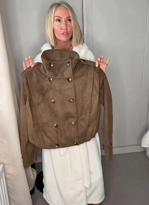 Customer photo review of Sabrina Retro Faux Suede Cropped Trench