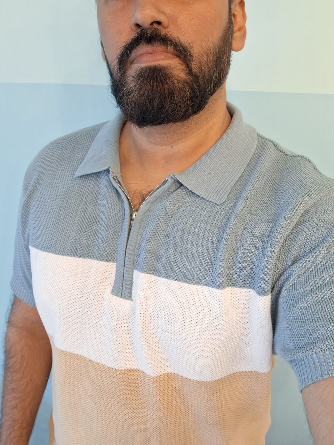Customer photo review of Blue & Beige Stripe Knit T-Shirt 100% Cotton