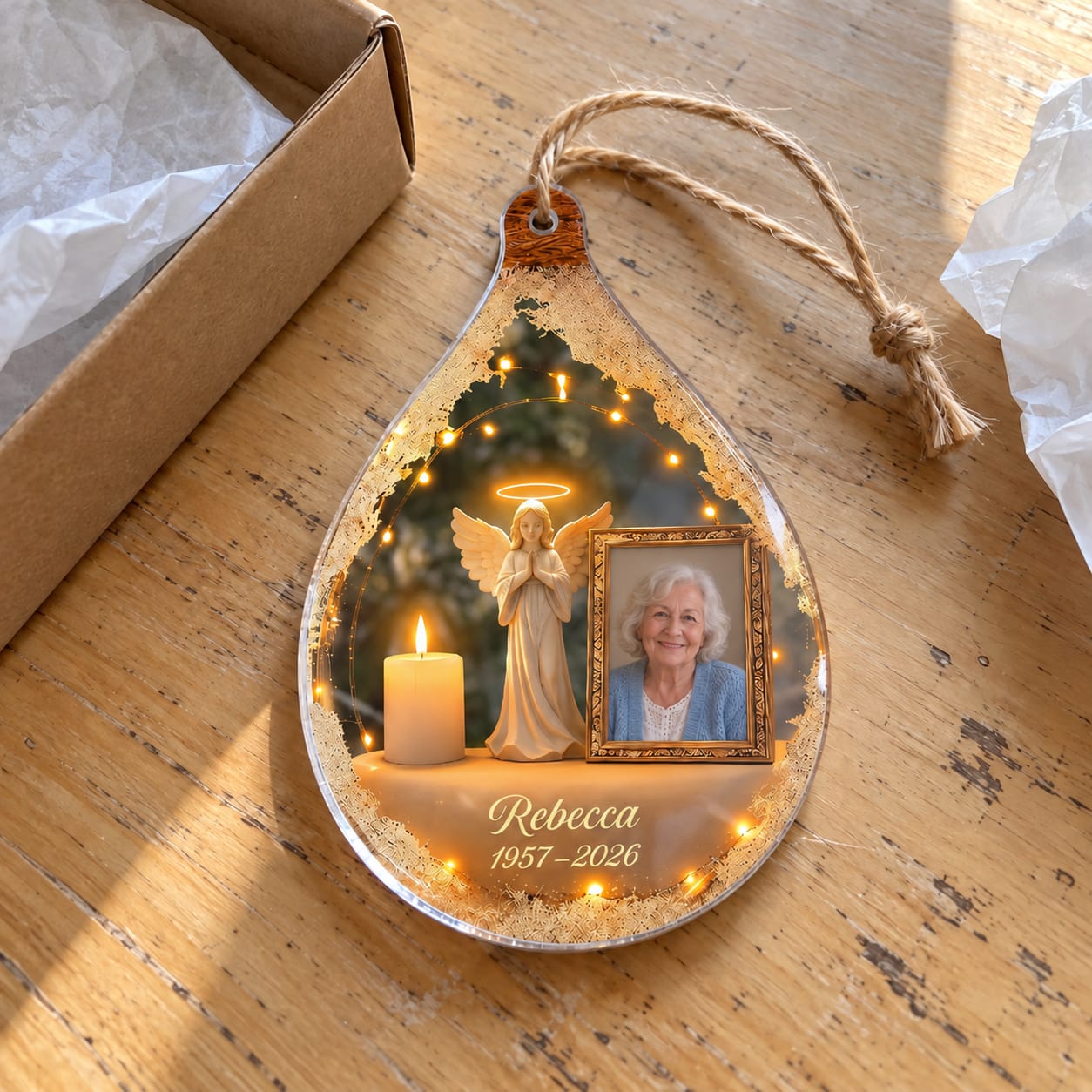 Customer photo review of Personalized Memorial Photo Ornament – Angel & Candle, Custom Name & Years, In Loving Memory Acrylic Keepsake
