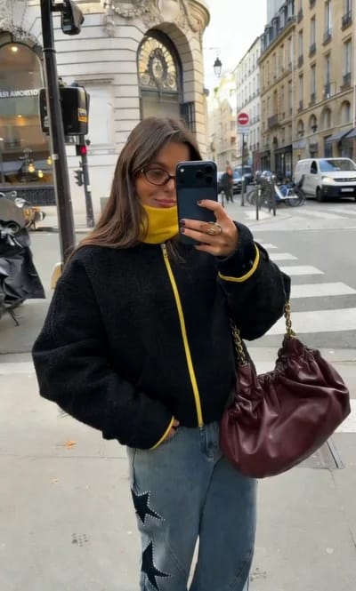 Customer photo review of Miriam Stand Collar Contrast Knit Pilot Jacket