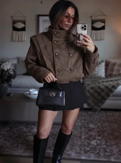Customer photo review of Sabrina Retro Faux Suede Cropped Trench