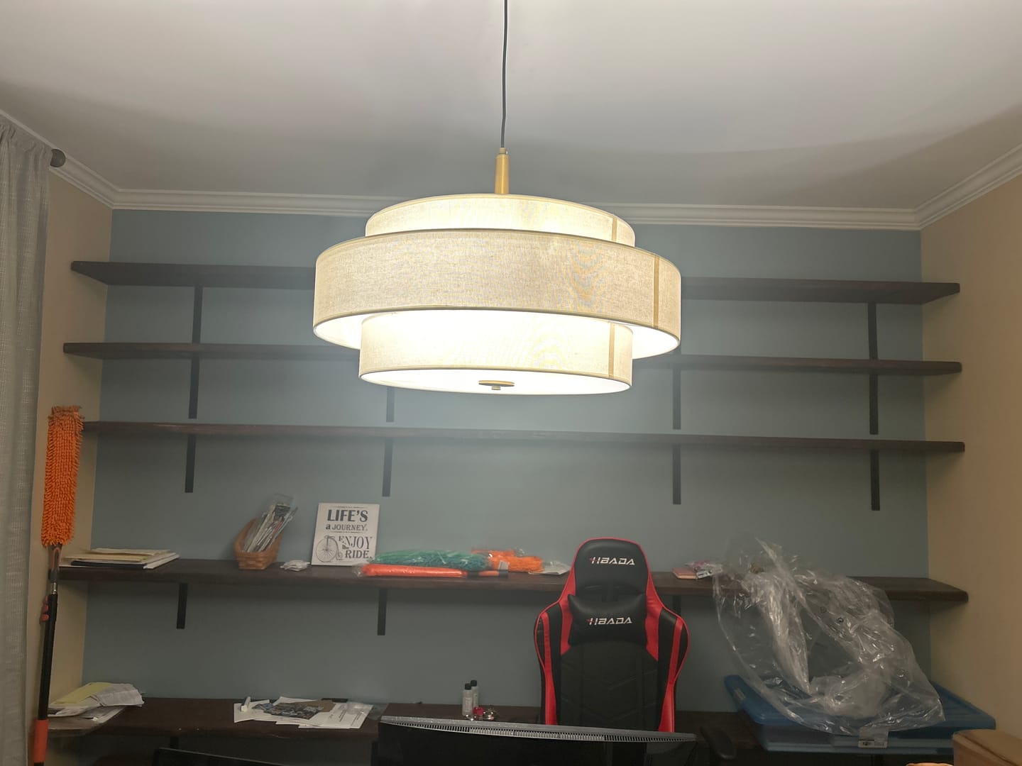 Customer photo review of 3-Light Round Layered Drum White Linen Pendant Chandelier