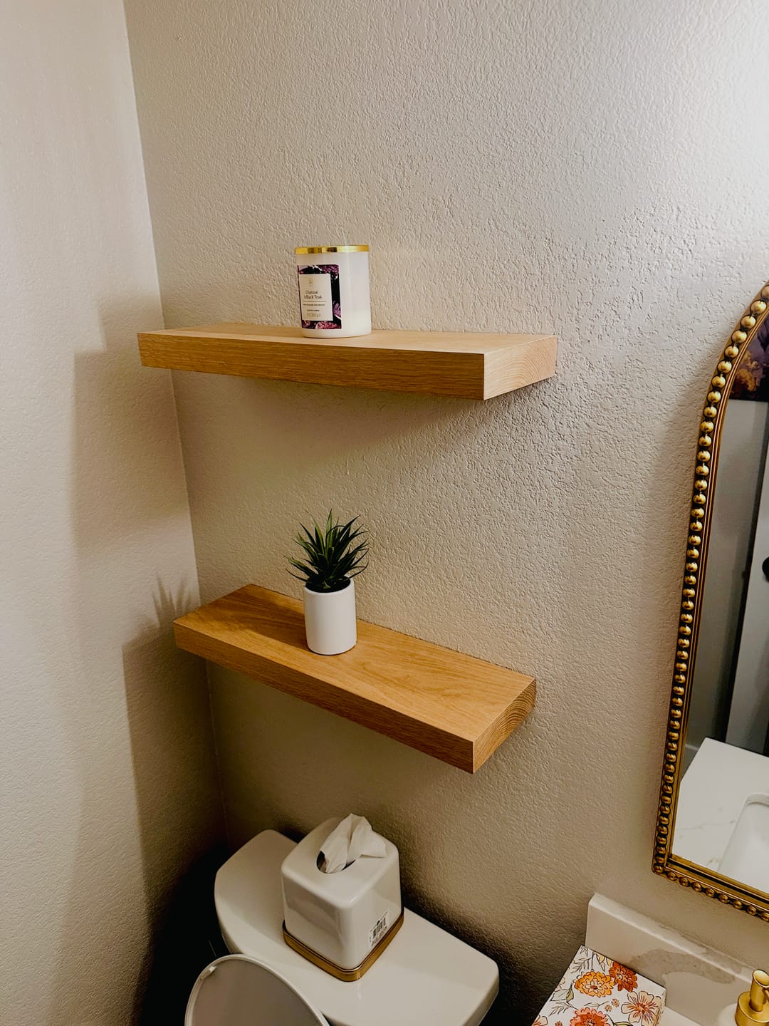 Customer photo review of White Oak Hardwood Floating Shelves