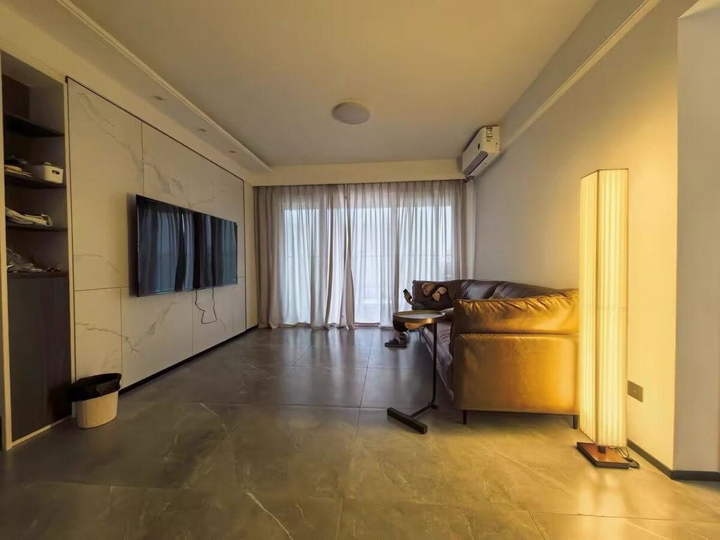 Customer photo review of Walnut Wood Floor Lamp, Beige Fabric Shade, Integrated LED