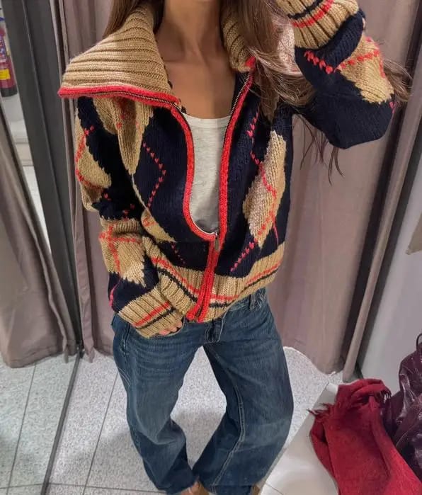 Customer photo review of Melissa Argyle High Ribbed Neck Zip-Up Knit Cardigan