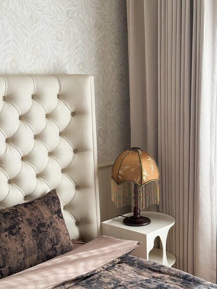 Customer photo review of Beaded Fringe Table Lamp, Walnut Wood Base, Pleated Shade, 50 cm
