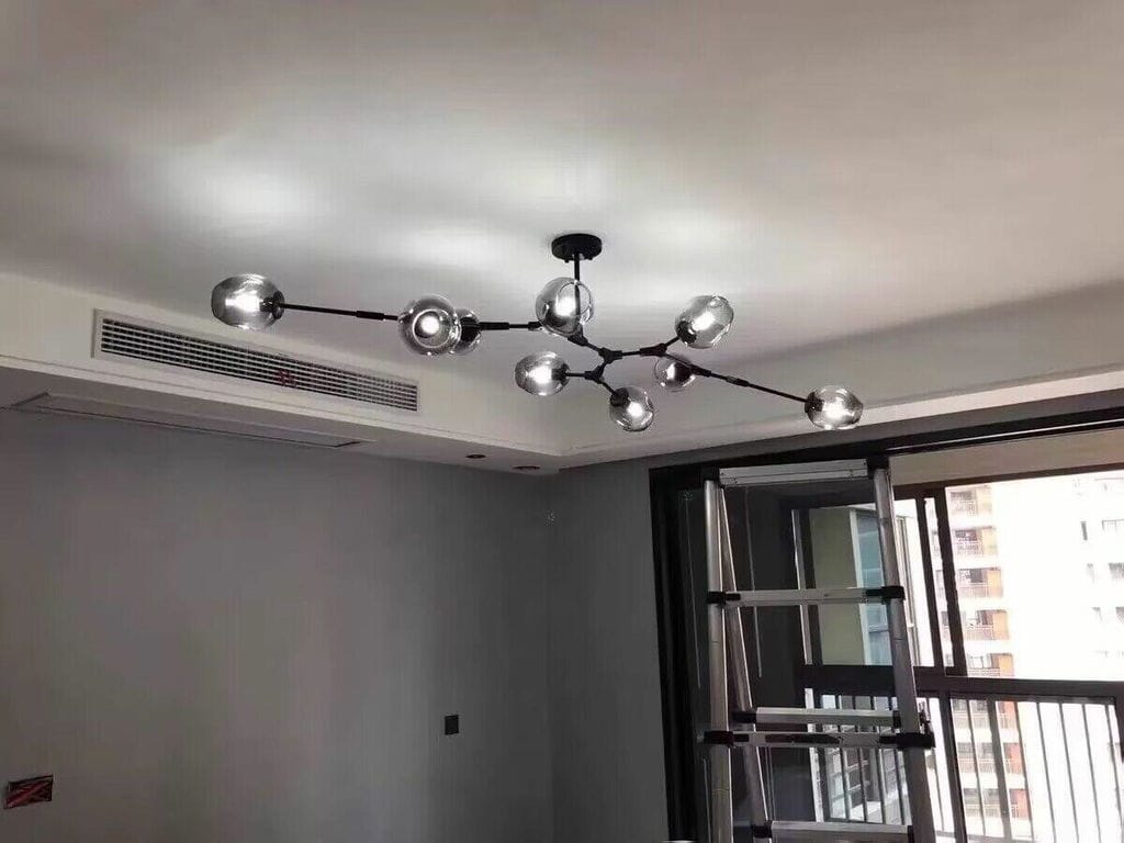 Customer photo review of Hand-Blown Glass Chandelier, Low Horizontal Metal Frame