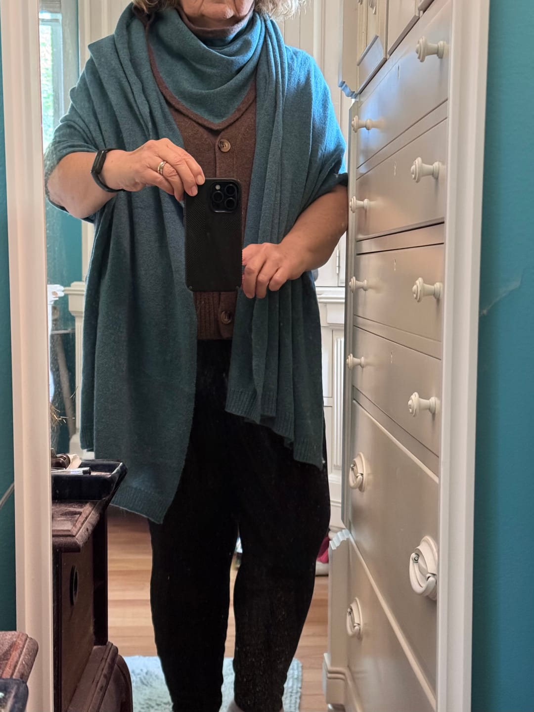 Customer photo review of Brand New Ocean Green and Mocha Recycled Cashmere Triangle Scarf