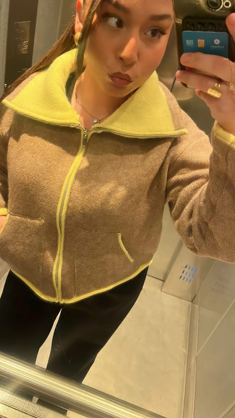 Customer photo review of Miriam Stand Collar Contrast Knit Pilot Jacket