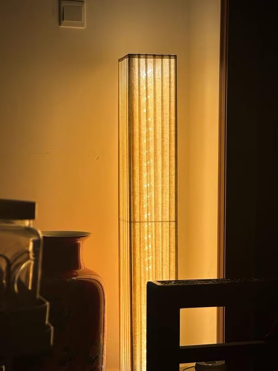 Customer photo review of Walnut Wood Floor Lamp, Beige Fabric Shade, Integrated LED