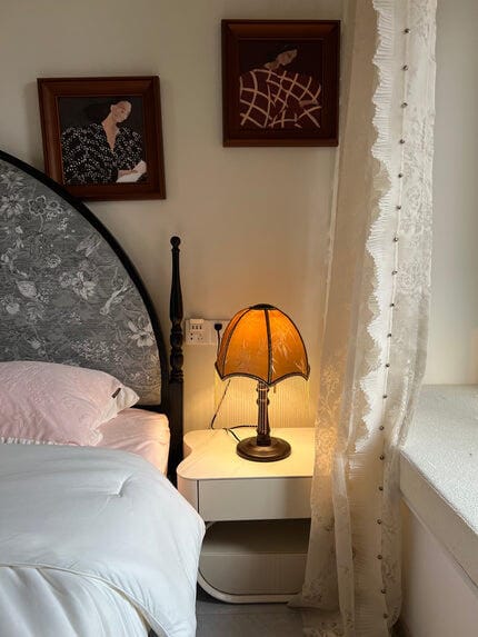 Customer photo review of Beaded Fringe Table Lamp, Walnut Wood Base, Pleated Shade, 50 cm