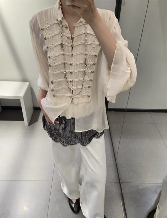 Customer photo review of Miranda Vintage Stand Collar Frog Button Blouse