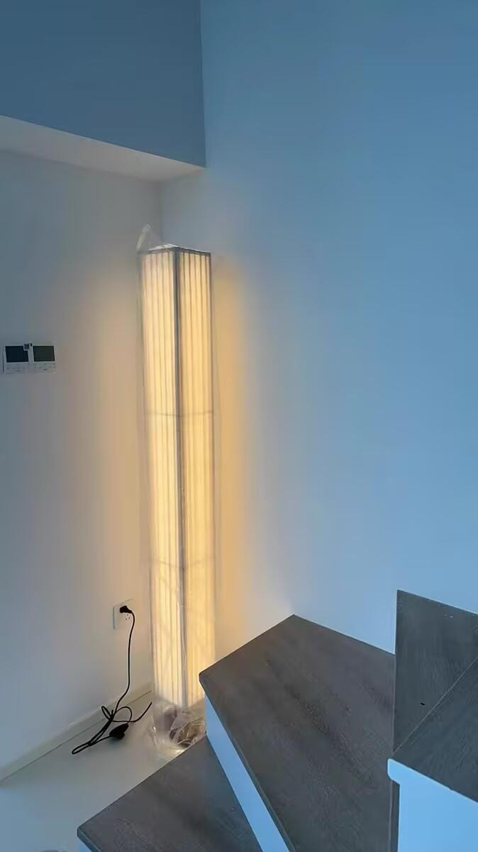 Customer photo review of Walnut Wood Floor Lamp, Beige Fabric Shade, Integrated LED