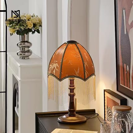 Customer photo review of Beaded Fringe Table Lamp, Walnut Wood Base, Pleated Shade, 50 cm