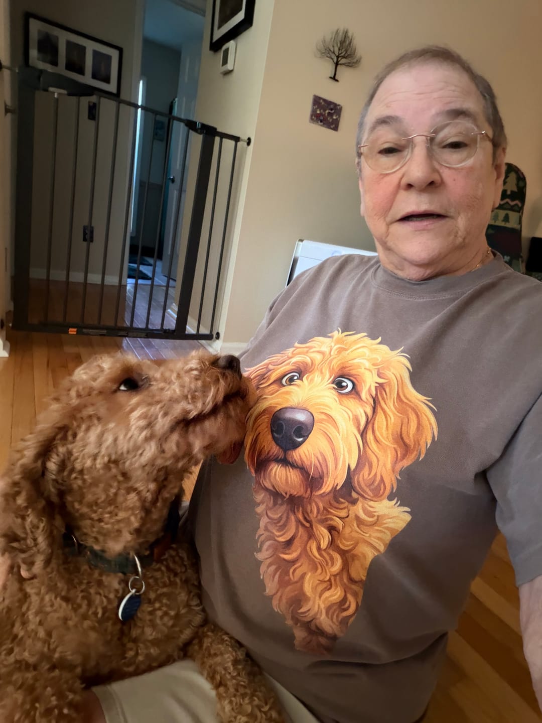 Customer photo review of Funny Peeking Apricot Goldendoodle Signature T-Shirt