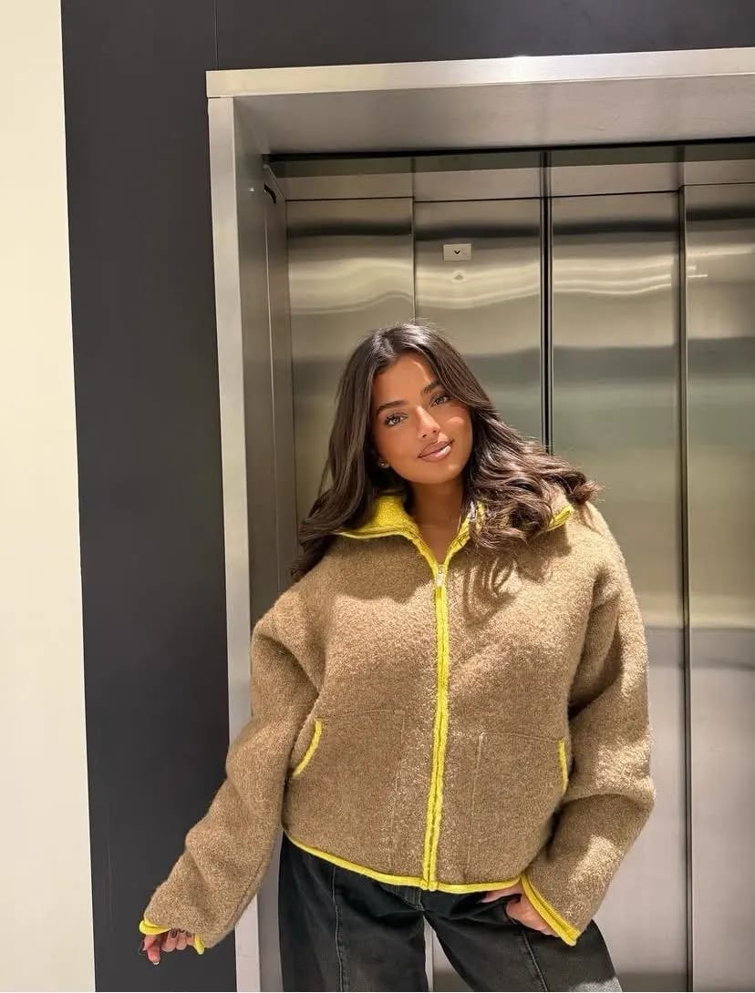 Customer photo review of Miriam Stand Collar Contrast Knit Pilot Jacket