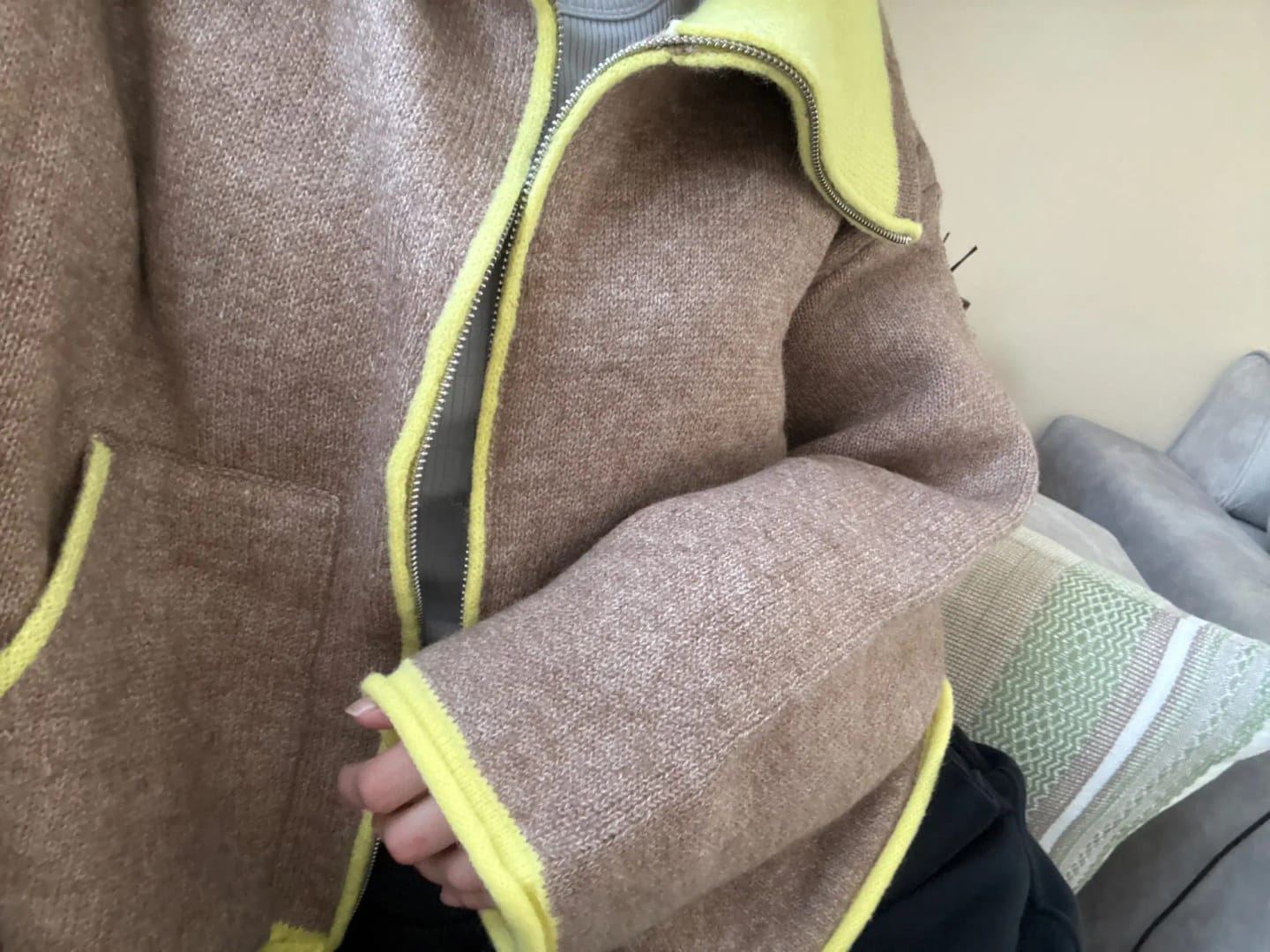 Customer photo review of Miriam Stand Collar Contrast Knit Pilot Jacket