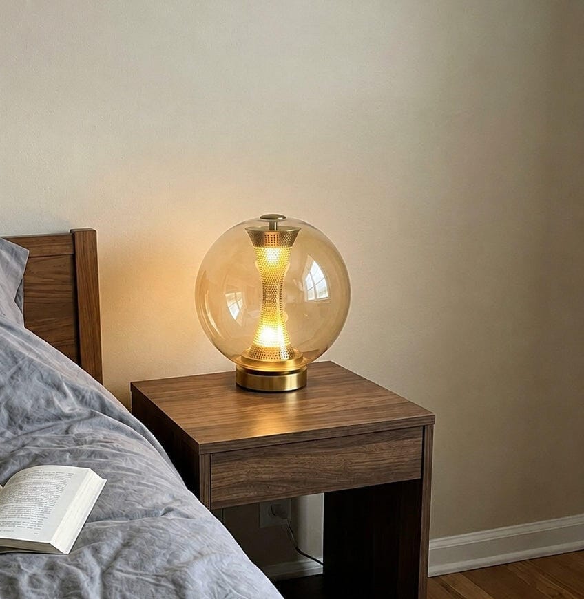 Customer photo review of Glass Sphere Table Lamp, Woven Brass Detail, Gold Base, LED