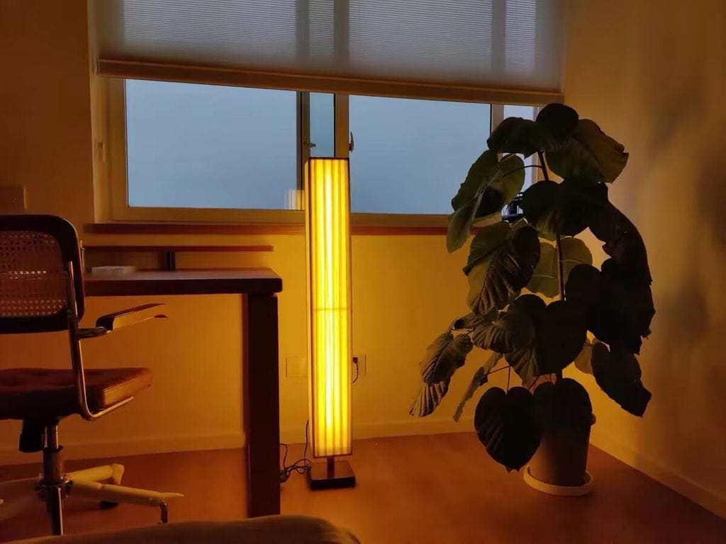 Customer photo review of Walnut Wood Floor Lamp, Beige Fabric Shade, Integrated LED