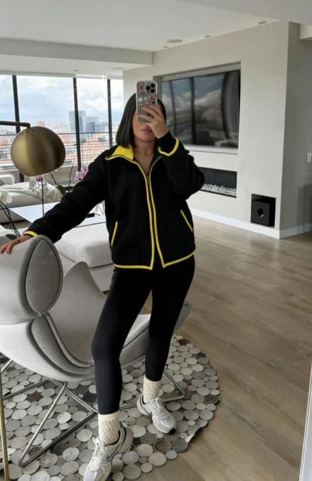Customer photo review of Miriam Stand Collar Contrast Knit Pilot Jacket
