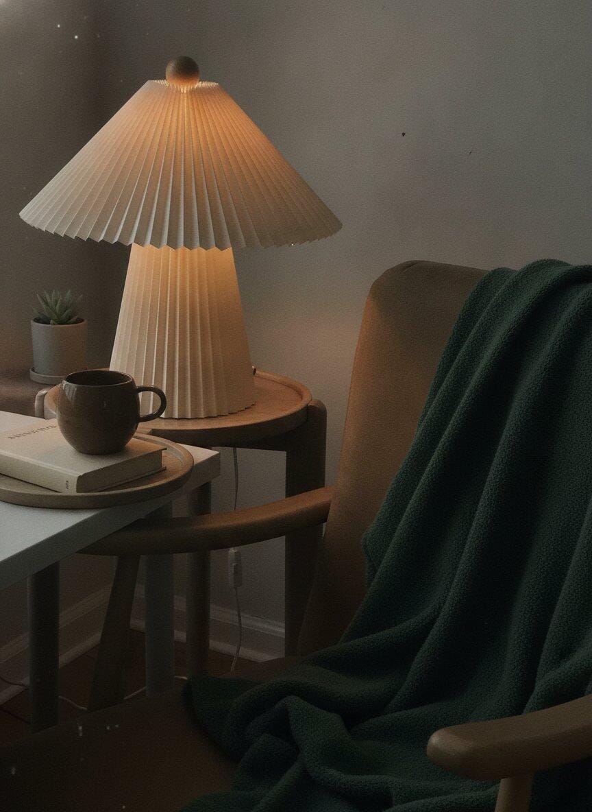 Customer photo review of Pleated Beige Table Lamp, Wooden Finial, Conical Shade, Plug In