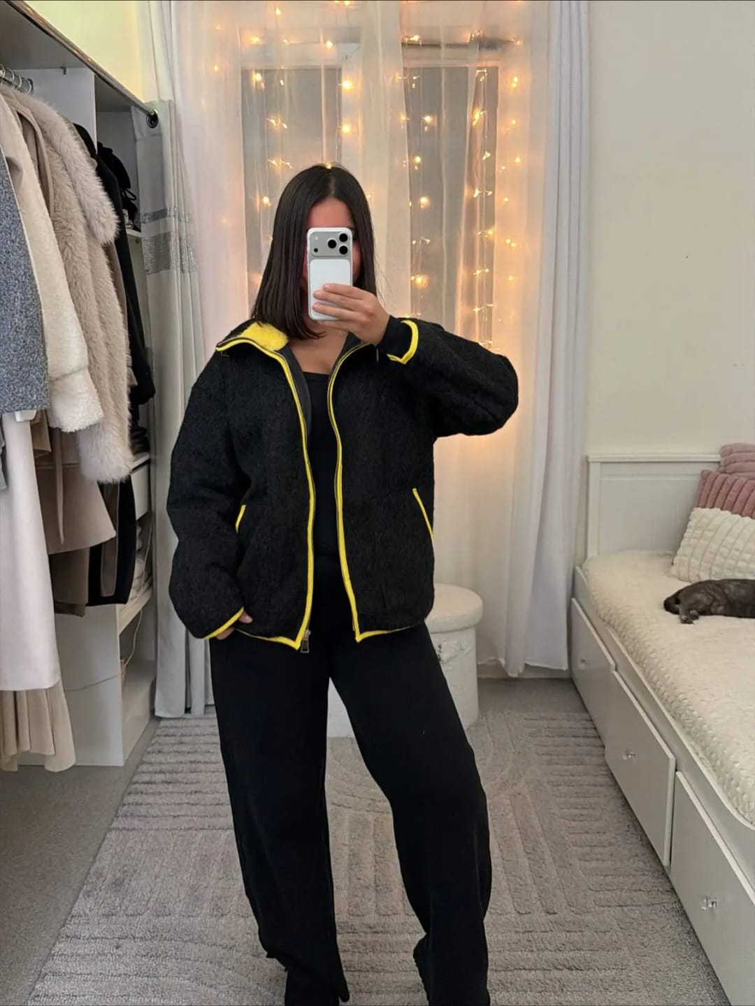 Customer photo review of Miriam Stand Collar Contrast Knit Pilot Jacket
