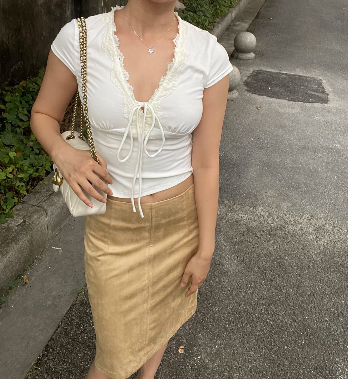 Customer photo review of Ava Velvet Low-Waist Midi Skirt