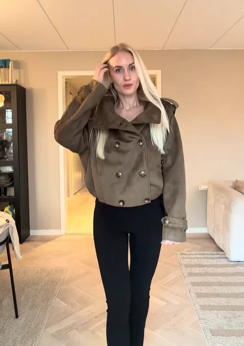 Customer photo review of Sabrina Retro Faux Suede Cropped Trench