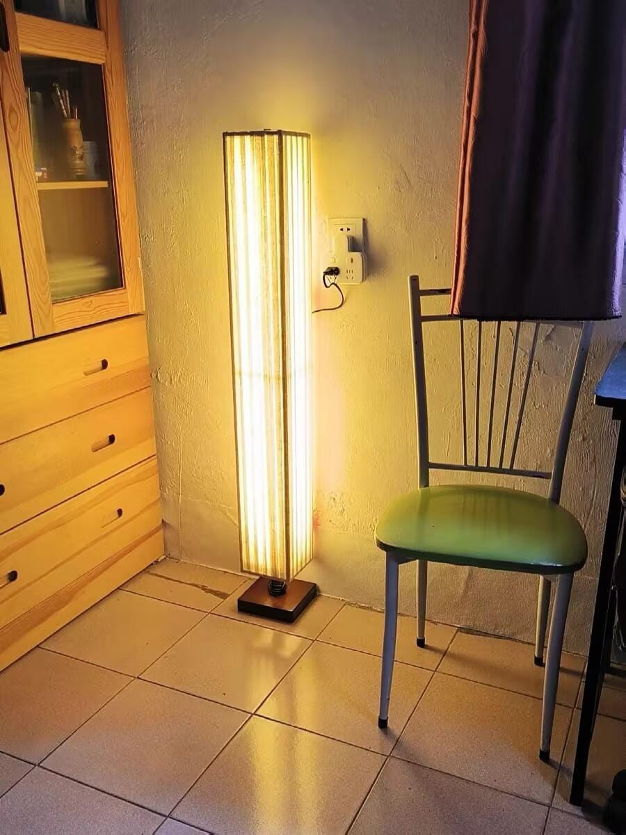 Customer photo review of Walnut Wood Floor Lamp, Beige Fabric Shade, Integrated LED