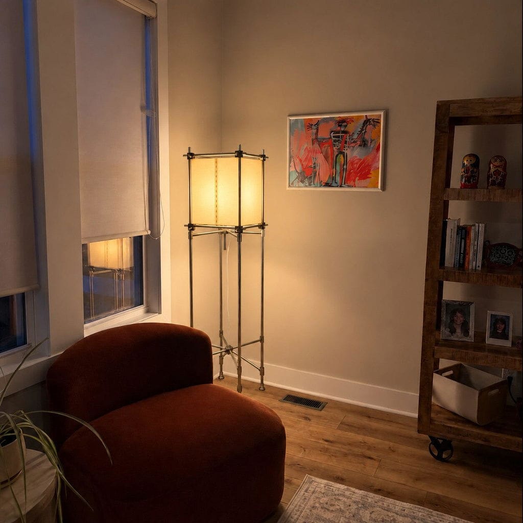 Customer photo review of Paper Cube Floor Lamp, Handmade Parchment Shade, Metal Frame