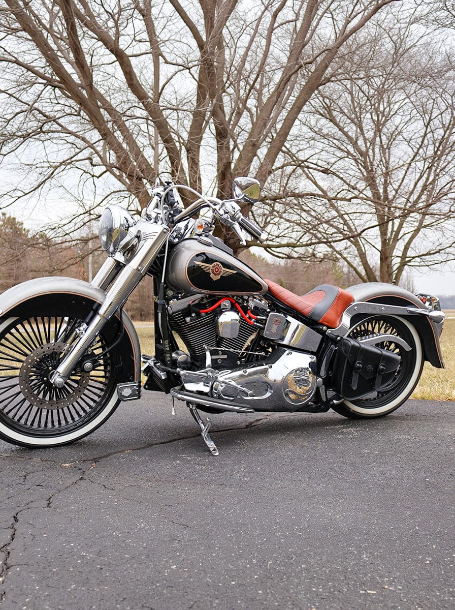 Customer photo review of 3L - Dark Age Plain Leather Motorcycle Swing arm Bag For Harley Softail