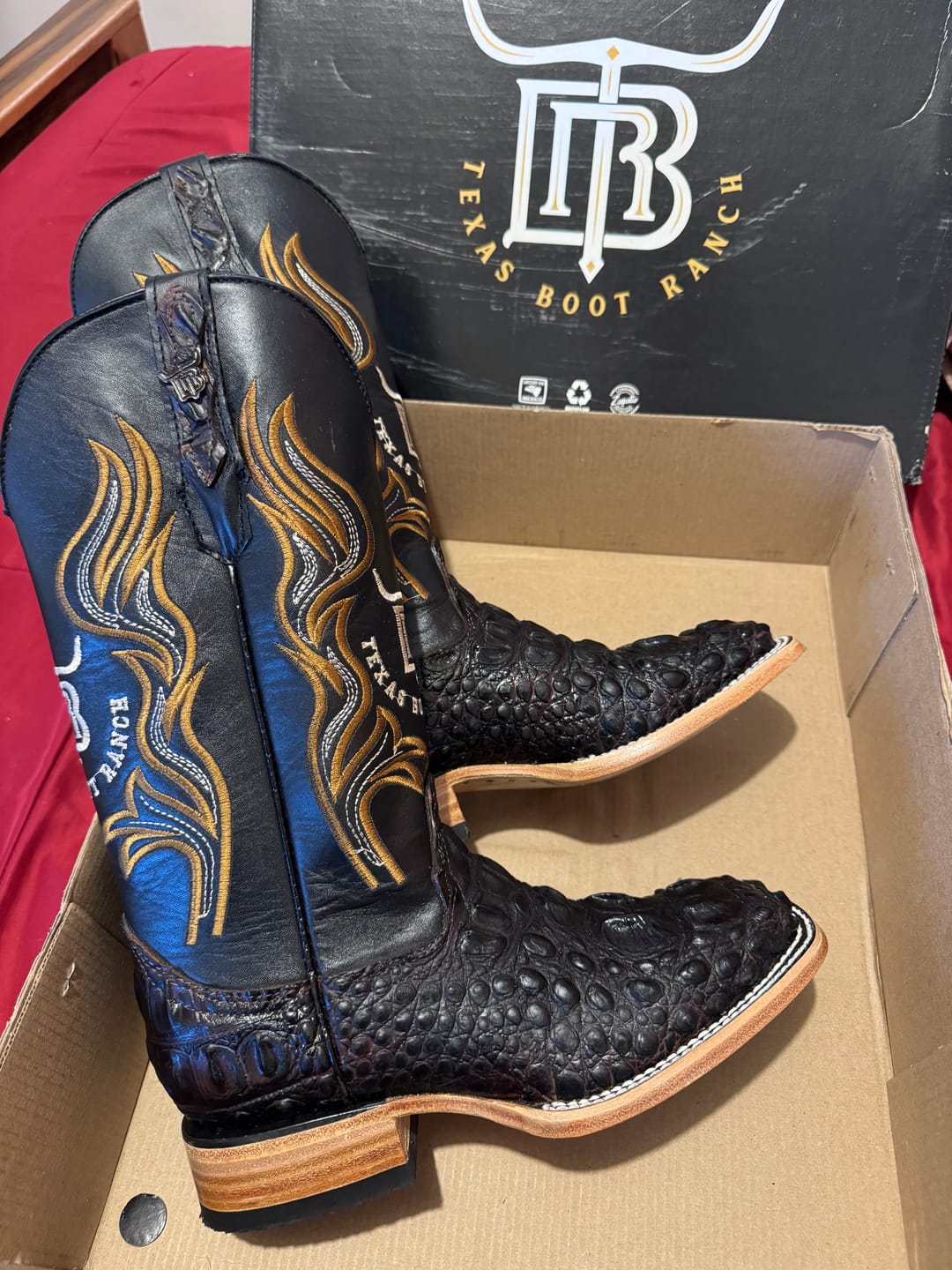 Customer photo review of Dark Chocolate Caiman Neck Leather Boots - Square Toe