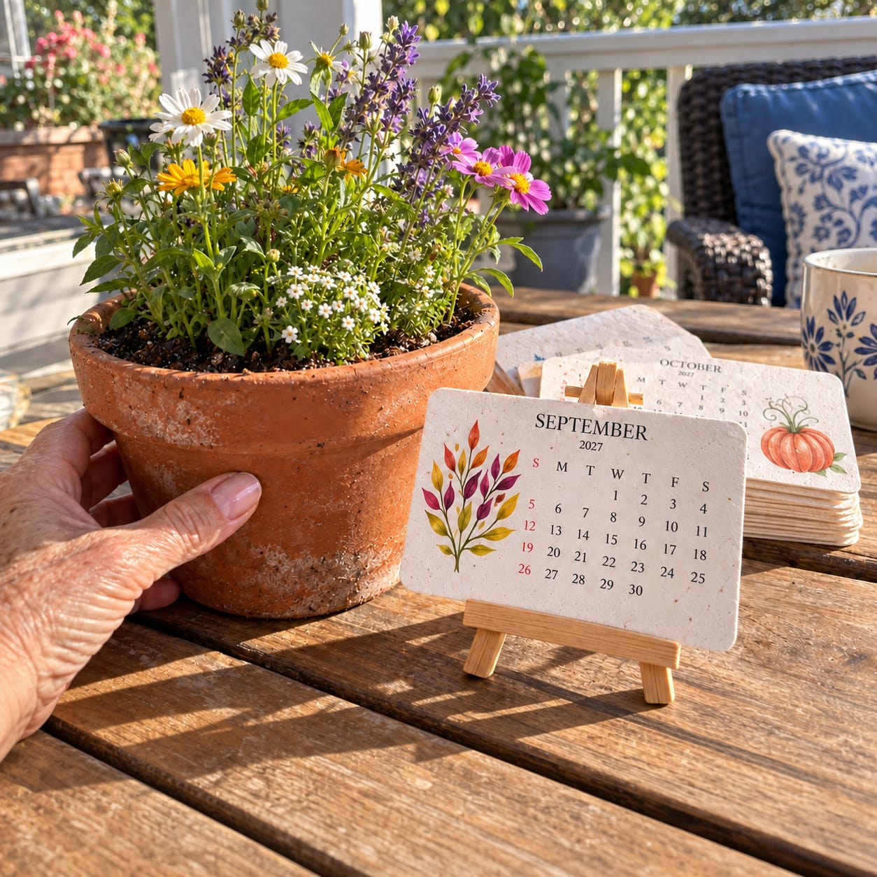 Customer photo review of 2027 Plantable Seed Paper Calendar | Thanksgiving, Christmas gifts - Eco-Friendly Desk Calendar with 12 Monthly Flower & Herb Seeds | Sustainable Gift with Wooden Easel Stand