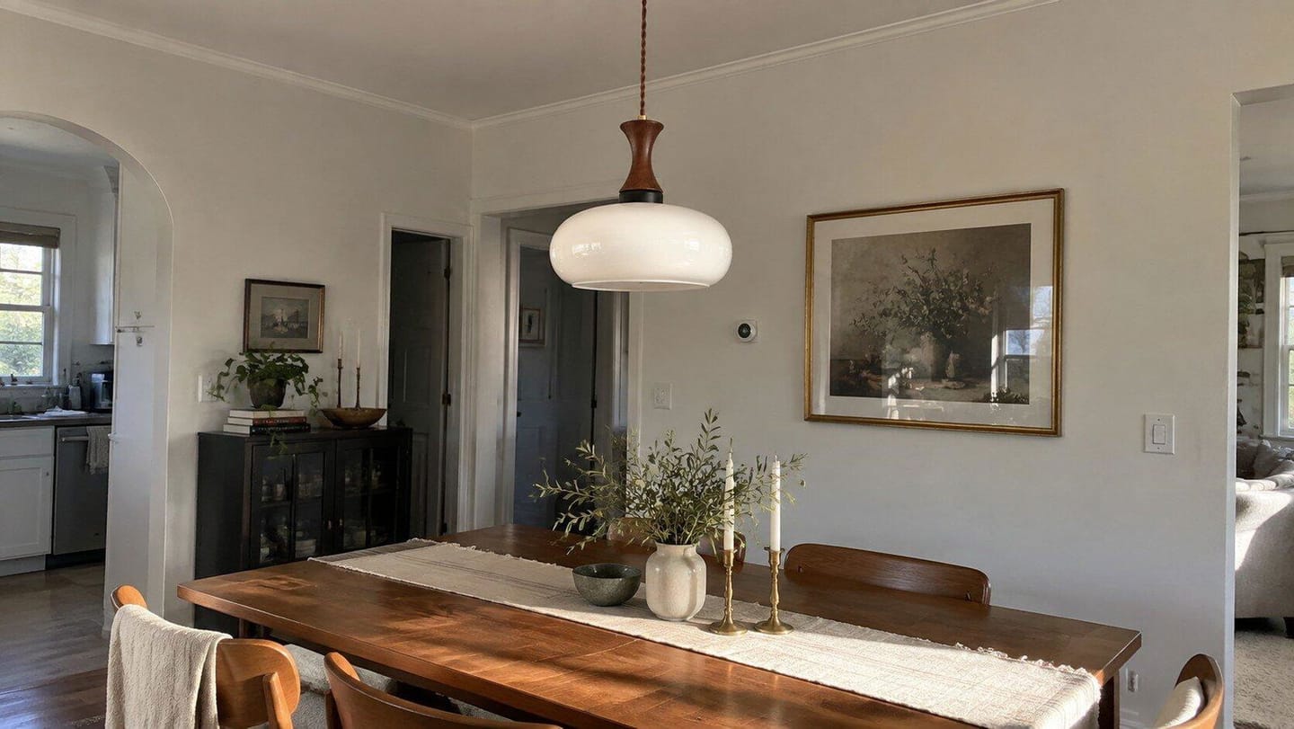 Customer photo review of Plug-In Pendant Light | 11 in Tinted Glass Shade on a Turned Wood Stem | 177 in Cord, In-Line Switch, E26