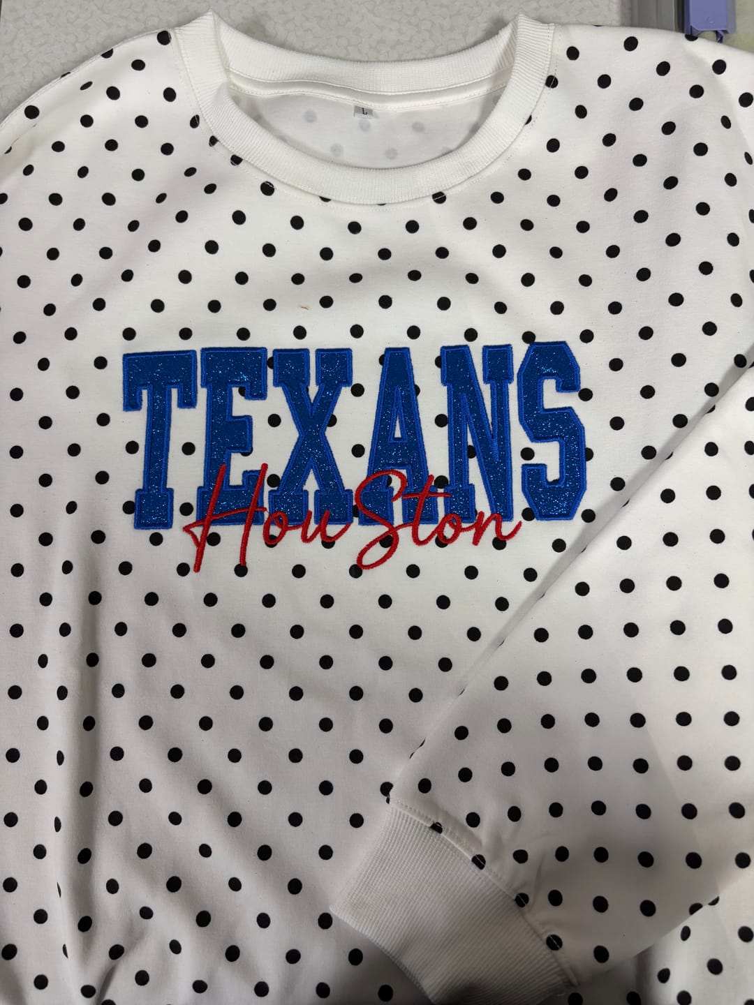Customer photo review of Custom Embroidered Glitter Vinyl Team Polka Dot Sweatshirt - Game Day Best Gear | Gifts for Sports Mom | Game Day Wear