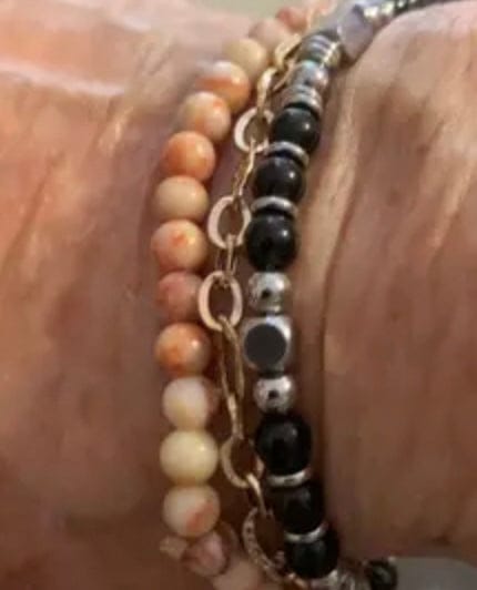 Customer photo review of 4mm Beaded Bracelet for Women & Men, Stainless Steel Pink Crystal, Obsidian, Tiger's Eye & Turquoise Friendship Anxiety Silver Bracelet