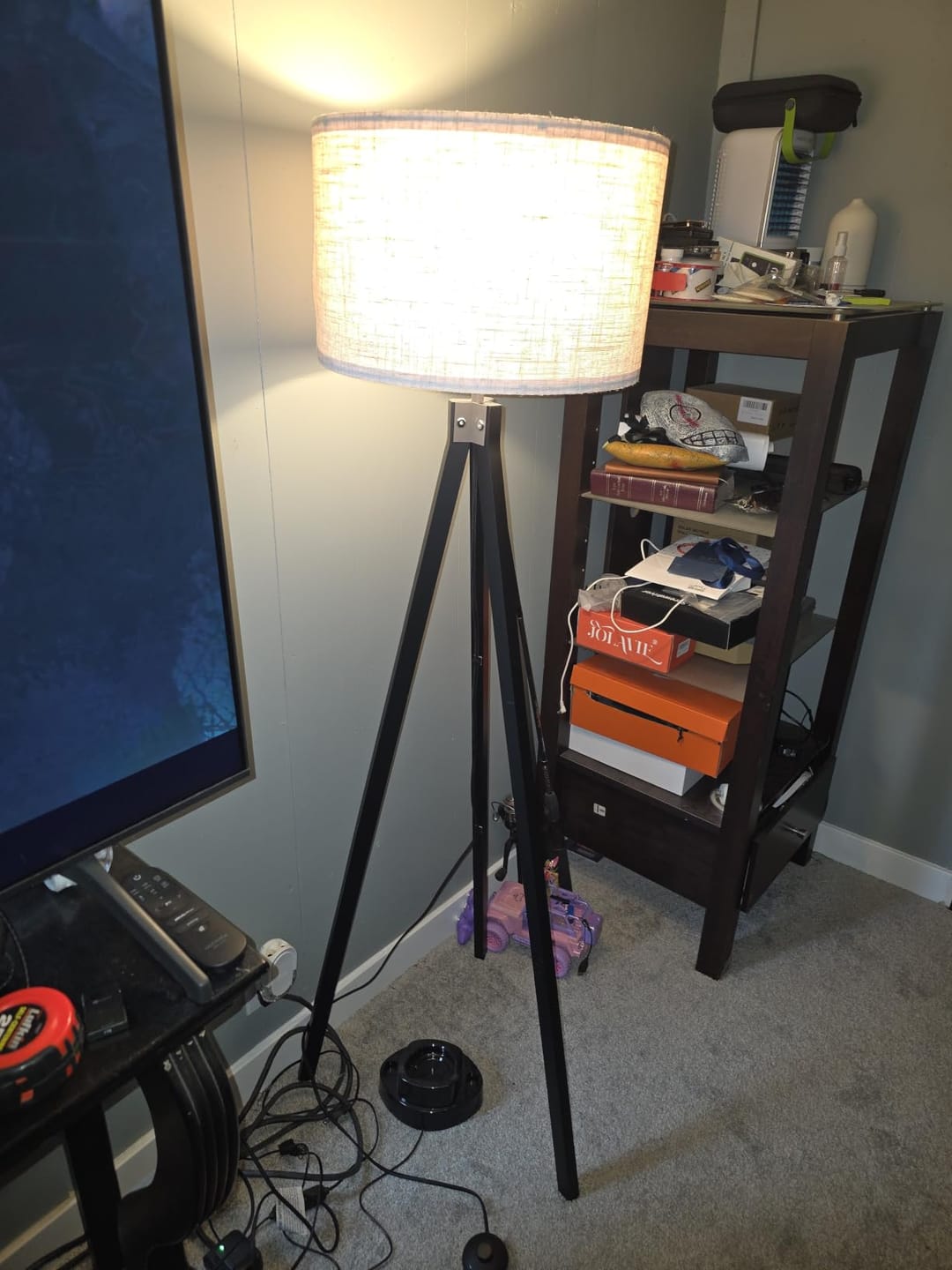 Customer photo review of Wood Tripod Floor Lamp | Fabric Drum Shade on Brown Wood Legs | 3-Color LED Bulb Included, Foot Switch