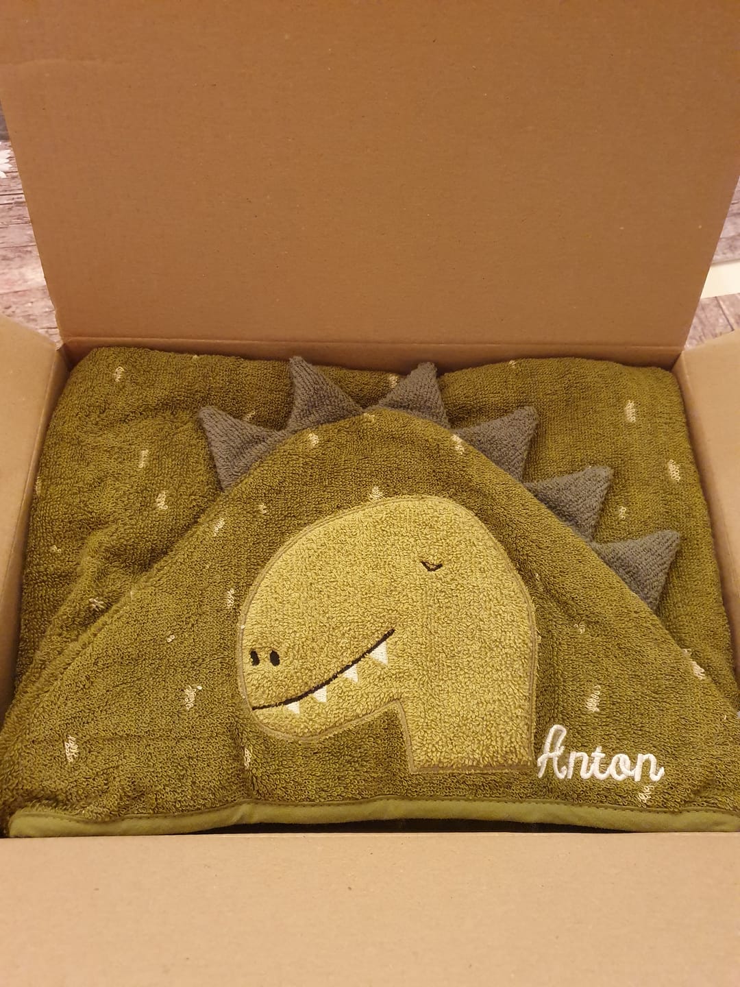Customer photo review of Trixie Kapuzenhandtuch Baby personalisiert Dino