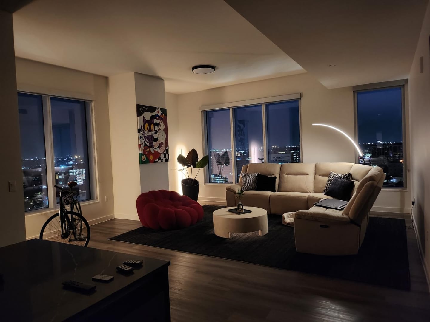 Customer photo review of Arc Floor Lamp | 67 in Matte Aluminum Arc with 47 in Reach, 30W RGB LED | Remote and App Control, Black or White