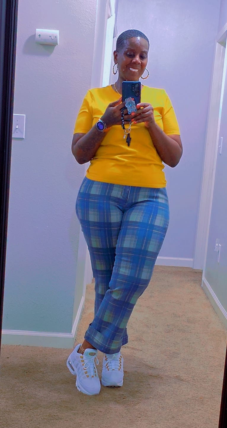 Customer photo review of Plaid Perfection Vintage Jeans (Blue Haze)