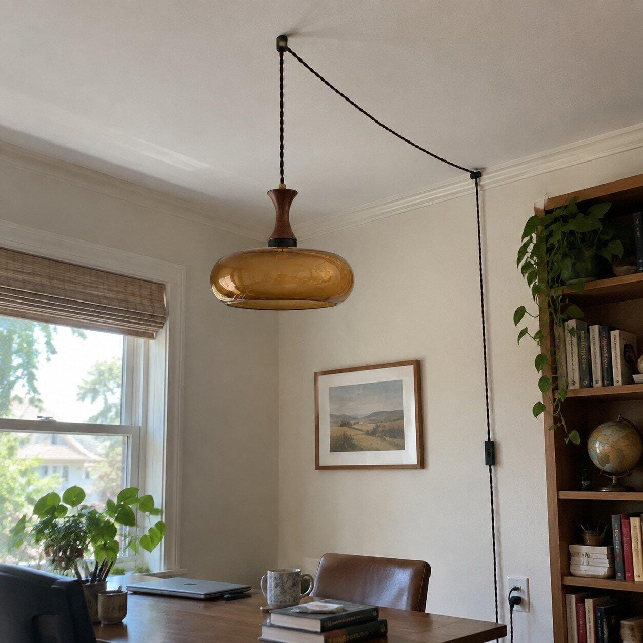 Customer photo review of Plug-In Pendant Light | 11 in Tinted Glass Shade on a Turned Wood Stem | 177 in Cord, In-Line Switch, E26