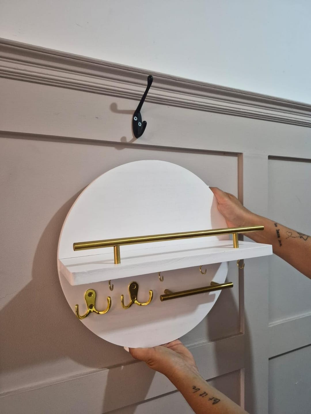 Customer photo review of Round Key Holder Wall Organizer 12 in | Wood & Metal with Hooks and Shelf | Entryway Key Rack