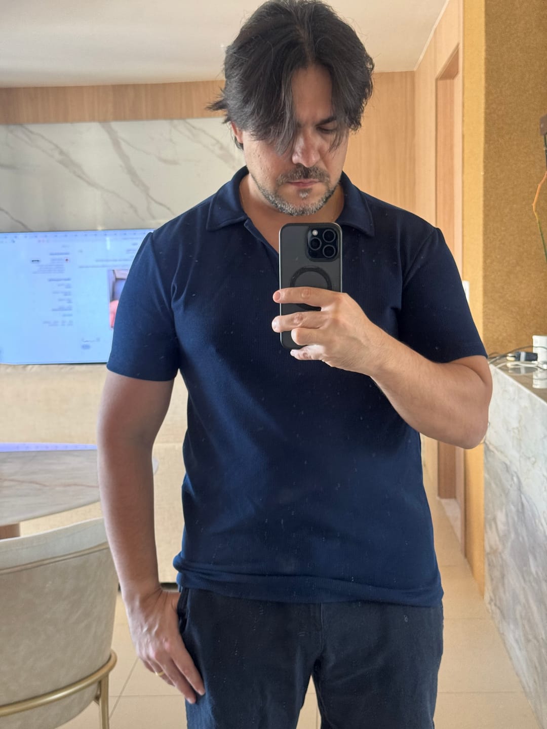 Customer photo review of Camisa Polo Italiana Tricot Azul Marinho