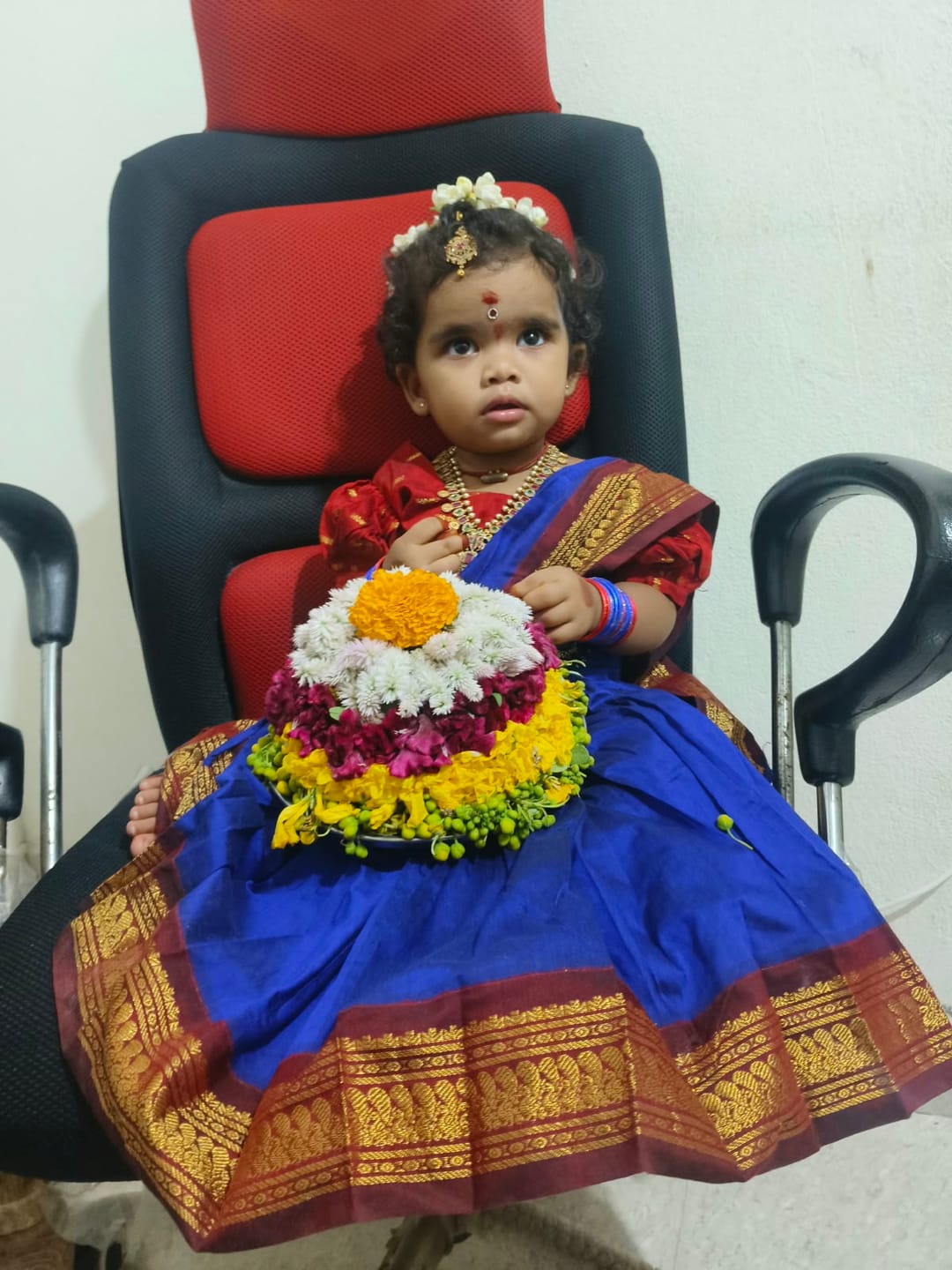 Customer photo review of Royal Blue and maroon - Ready to wear muttukattam saree for kids Ethnic wear for baby girl