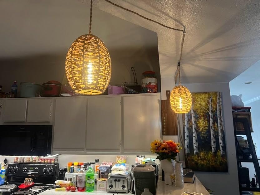 Customer photo review of Rattan Plug-In Pendant Light | Woven Boho Shade, 16.4 ft Cord with Switch | E26, Kitchen & Bedroom Hanging Lamp