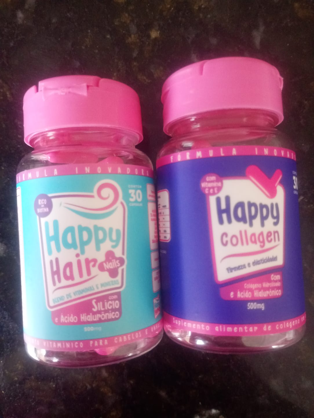 Customer photo review of Happy Hair 6 Potes + 6 Potes Grátis + 2 Colágenos + 1 Happy Calm (Total 15 Potes)