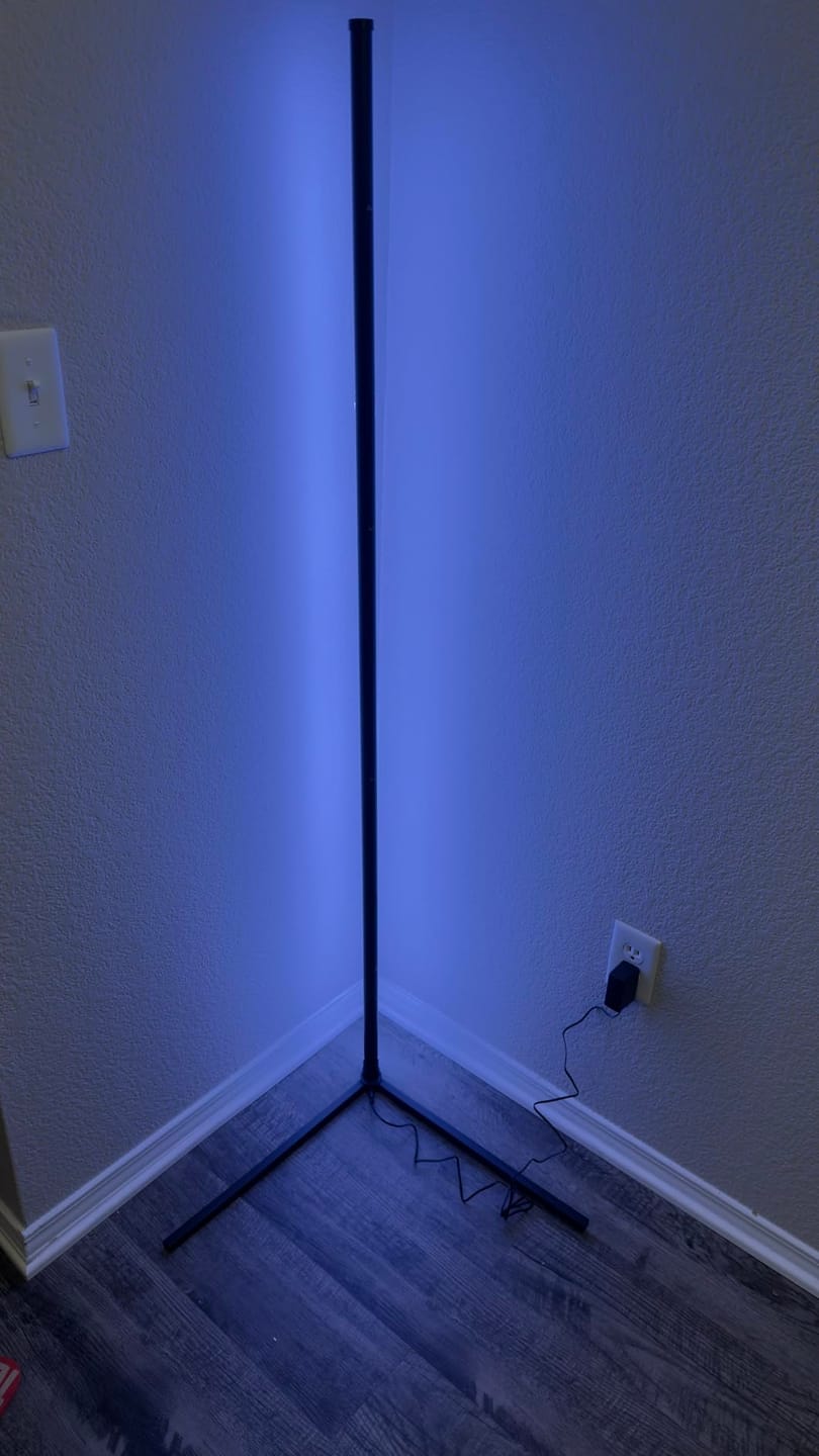 Customer photo review of Corner Floor Lamp | 47 or 57 in LED Light Bar on a Triangle Base | Foot Switch, Warm or 3-Color Light