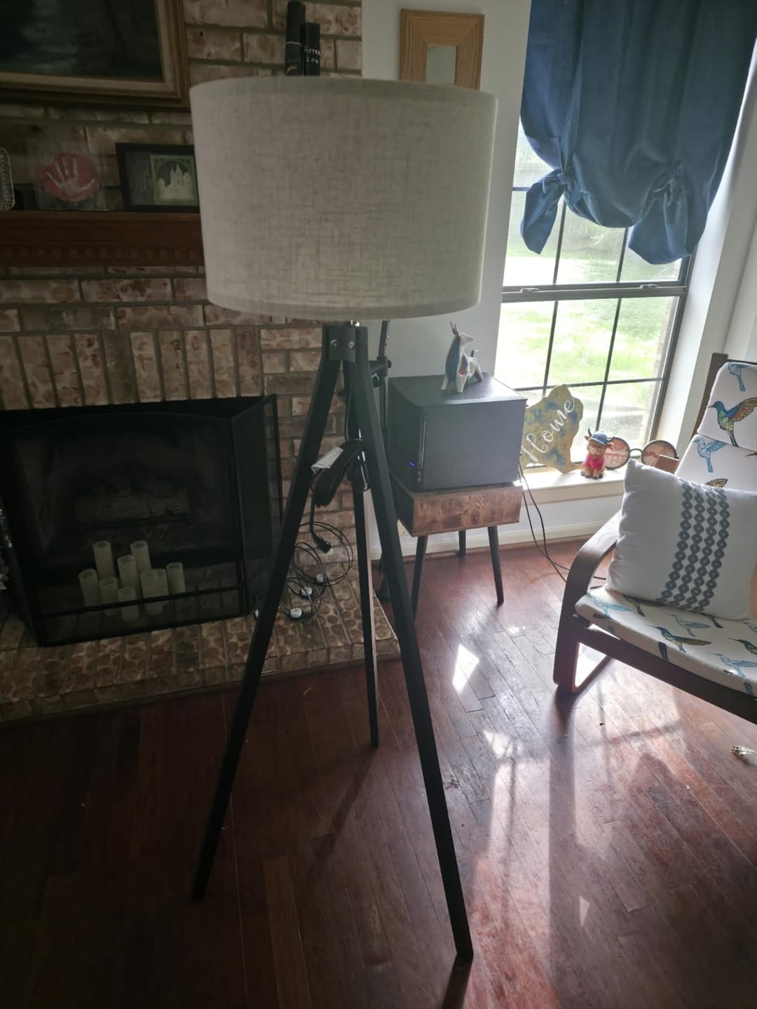 Customer photo review of Wood Tripod Floor Lamp | Fabric Drum Shade on Brown Wood Legs | 3-Color LED Bulb Included, Foot Switch