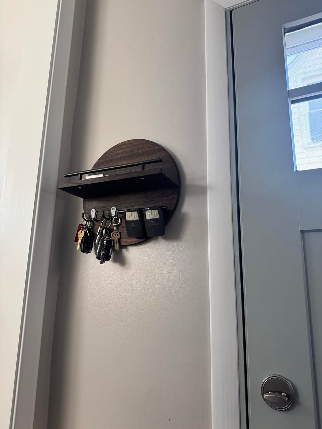 Customer photo review of Round Key Holder Wall Organizer 12 in | Wood & Metal with Hooks and Shelf | Entryway Key Rack