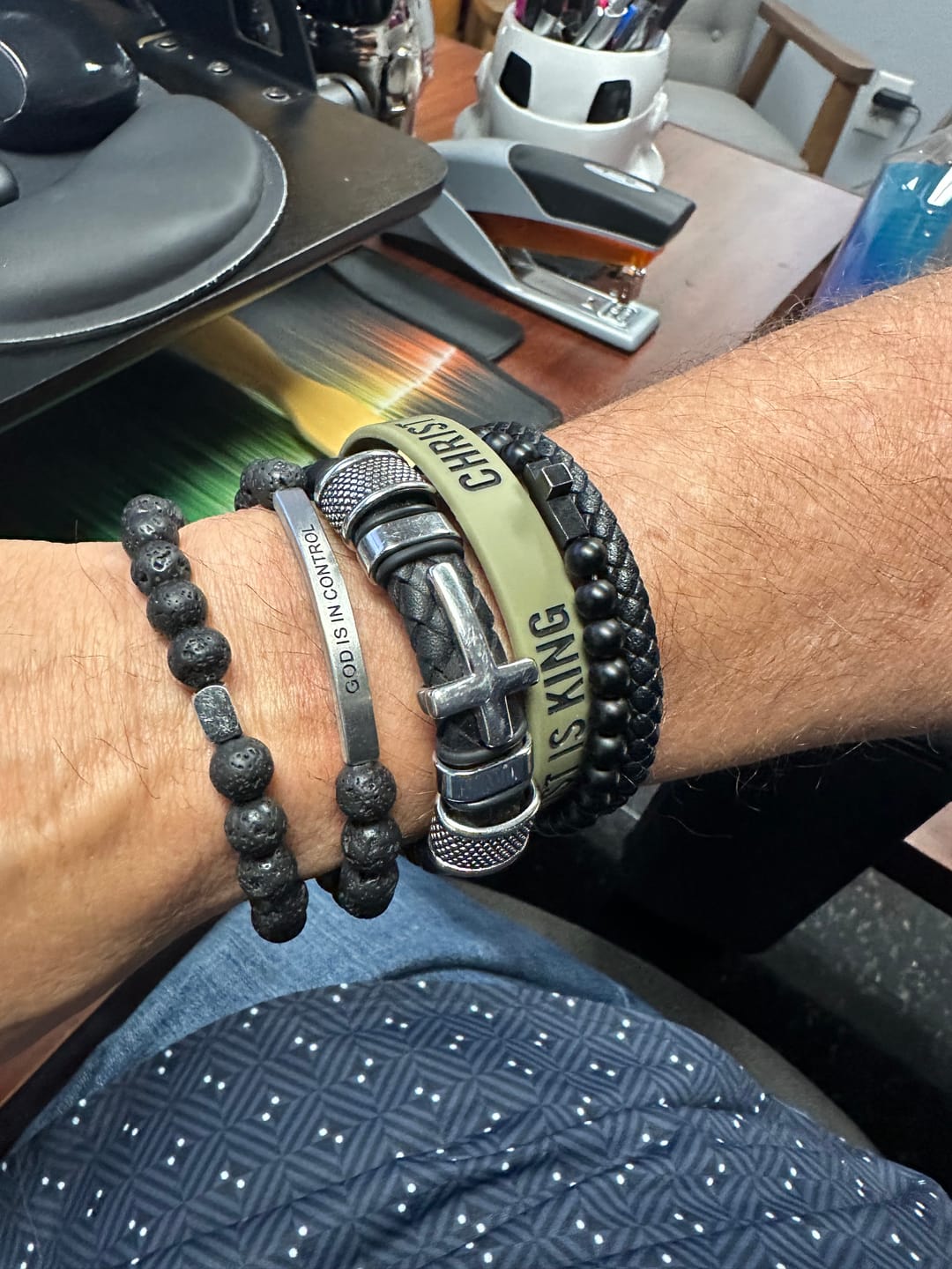 Customer photo review of GOD IS IN CONTROL - ENGRAVED INSPIRATIONAL BRACELET - MEN'S COLLECTION